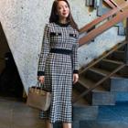 Long-sleeve Houndstooth Knit Midi Dress