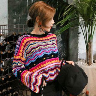 Long-sleeve Perforated Knit Top As Shown In Figure - One Size