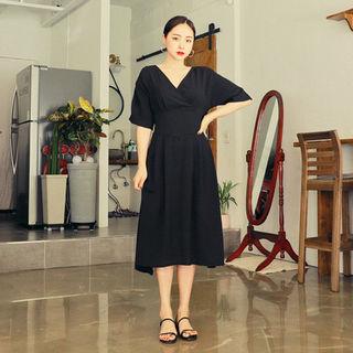 Smocked-waist Wrap-front Midi Dress