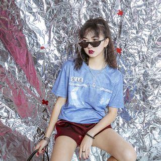Distressed Short-sleeve Denim T-shirt
