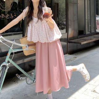 V-neck Floral Camisole Top / High-waist Plain A-line Midi Skirt