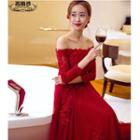 Off Shoulder 3/4 Sleeve Evening Gown With Train