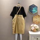 Mock Two-piece Short-sleeve Panel Plain Jumper Skirt