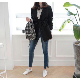 Padded-shoulder Single-breasted Jacket With Sash