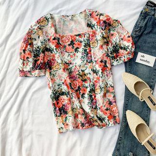 Square-neck Short-sleeve Print Top