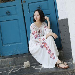 Flower Embroidered 3/4-sleeve Midi A-line Dress