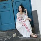 Flower Embroidered 3/4-sleeve Midi A-line Dress