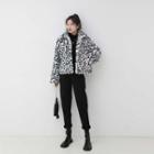 Leopard Print Fluffy Zipped Jacket Black & White - One Size