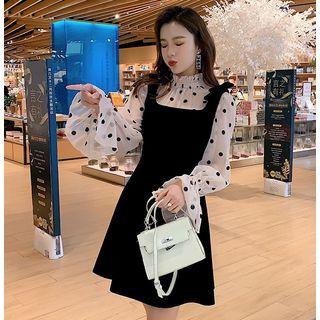 Set: Dotted Chiffon Blouse + A-line Velvet Jumper Dress