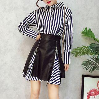 Long Sleeve Striped Dress + Faux-leather Zipped Skirt