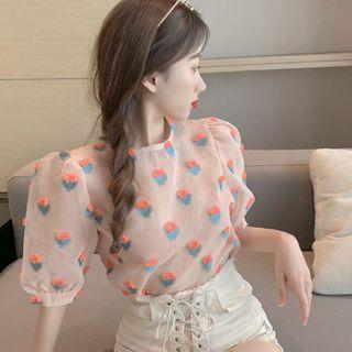 Floral Embroidered Puff-sleeve Blouse Pink - One Size
