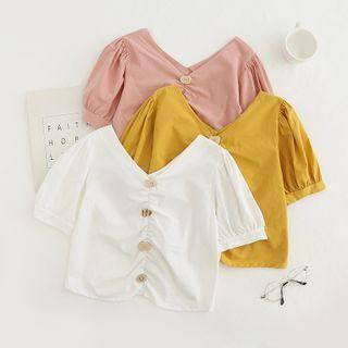 Short-sleeve Shirred V-neck Cropped Blouse
