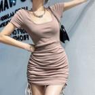 Short Sleeve Square-neck Side-drawstring Mini Dress