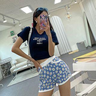 Letter Padded-shoulder Cropped T-shirt