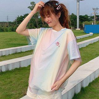 Short-sleeve Mesh-overlay T-shirt
