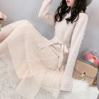 Set: Faux Pearl Accent Sweater + Midi Mesh Skirt