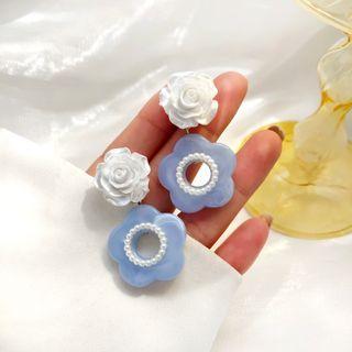 Faux Pearl Flower Sterling Silver Drop Earring 1 Pair - White & Blue - One Size