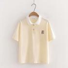 Drinks Embroidered Collared Short-sleeve T-shirt Beige - One Size