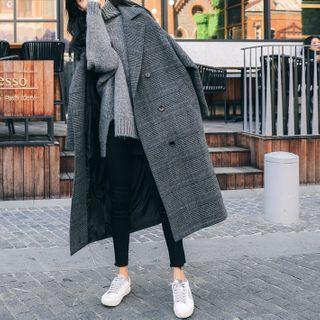 Plaid Double-breasted Long Wool Coat