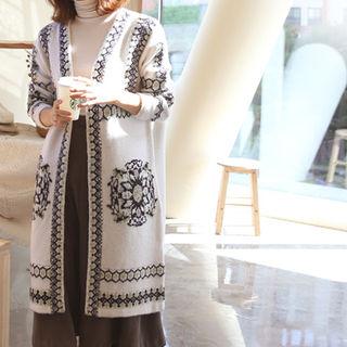 Wool Blend Patterned Long Cardigan Navy Blue - One Size