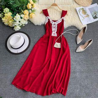 Flutter Strap Lace Trim Midi A-line Dress