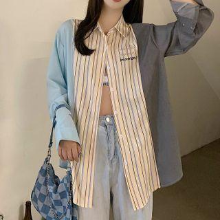 Lettering Striped Panel Color Block Shirt