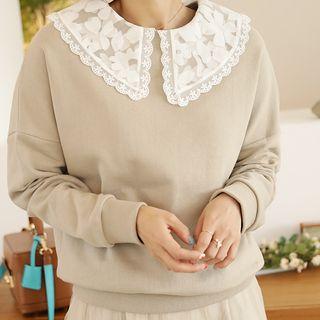 Lace-collar Cotton Pullover Beige - One Size