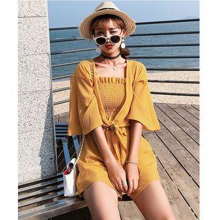 Set: Spaghetti-strap Smocked Top + Shorts + Elbow-sleeve Light Jacket
