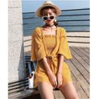 Set: Spaghetti-strap Smocked Top + Shorts + Elbow-sleeve Light Jacket
