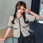 Short Sleeve V-neck Contrast Trim Cutout Embroidery Blouse