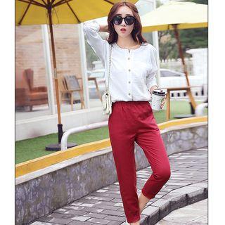 Set: Long-sleeve Top + Plain Pants