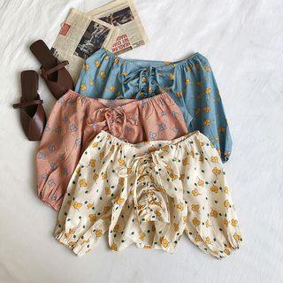 Off-shoulder Floral Drawstring Top