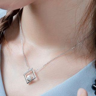 Faux Pearl Rhinestone Square Pendant Necklace 1pc - Silver - One Size