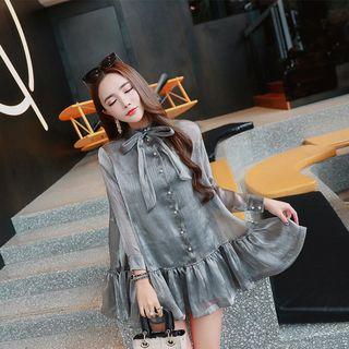 Tie Neck Ruffle Hem Long Sleeve Dress