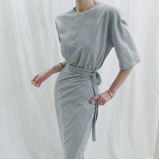 Round-neck Wrap-hem Long Dress