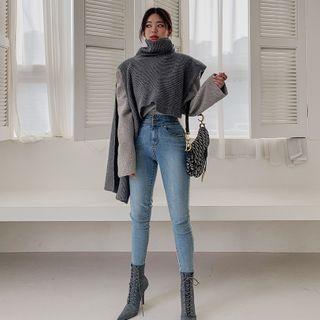 Turtle-neck Slit-sleeve Shawl Knit Top