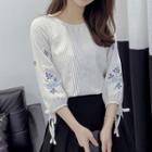 3/4-sleeve Embroidered Striped Top