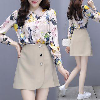Set Of 2 - Chiffon Print Long-sleeve Shirt + Plain A-line Mini Skirt