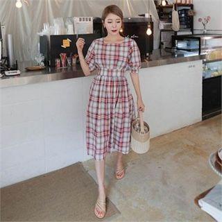 Puff-sleeve Plaid A-line Midi Dress