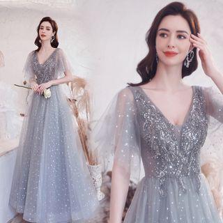 Short-sleeve Sequined Mesh A-line Gown