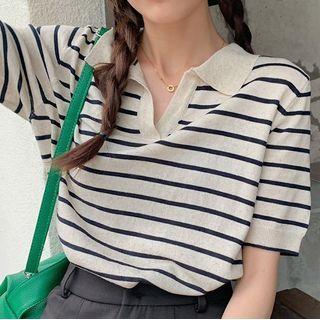 Short-sleeve V-neck Collared Knit T-shirt
