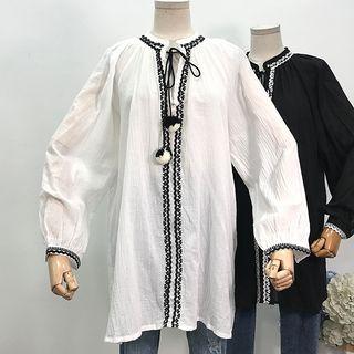 Embroidered Tie-closure Long Jacket