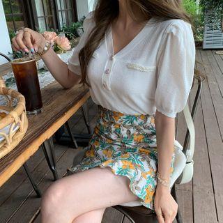 V-neck Puff-sleeve Summer Knit Top