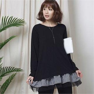 Tulle Gingham Layered-hem Long Blouse Black - One Size