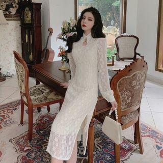 Long-sleeve Embroidered Lace Midi A-line Qipao Dress
