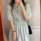 Elbow-sleeve Striped Midi Shirt Dress Stripe - Gray - One Size