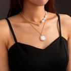 Set: Faux Pearl Chain Necklace + Faux Pearl Pendant Necklace Set Of 2 - Nz1003 - Faux Pearl Chain Necklace & Faux Pearl Pendant Necklace - Gold - One Size