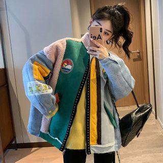 Embroidered Color Block Zip-up Jacket Green & Gray - One Size