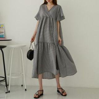 Bell-sleeve Gingham Maxi Tiered Dress