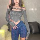 Long-sleeve Plaid Cold-shoulder Cropped T-shirt